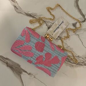 Tommy Bahama Clutch Crossbody Bag Raffia Straw Embroider Blue Pink Resort Summer